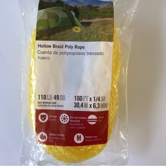 Blue Hawk 100’ X 1/4” Yellow Hollow Nylon Rope Safe Working Load 110 LBS NEW - Picture 8 of 8